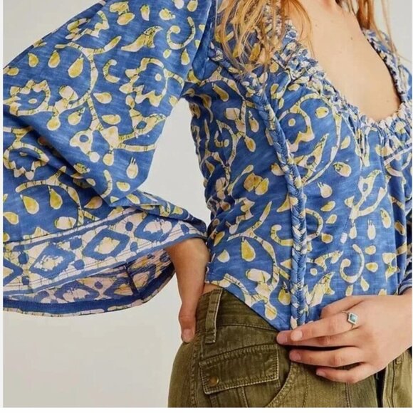 Free People On the Block Bell Sleeve Top Blouse Shirt Pure Cotton Boho Blue XS - Picture 3 of 11